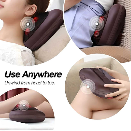 Massage pillow being used on a person's neck, back, and legs with text 'Use Anywhere Unwind from head to toe.'