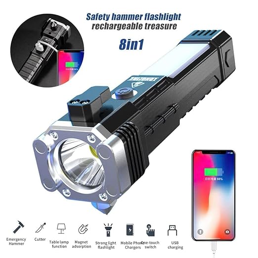 Portable Rechargeable LED Flashlight – Torch with Power Bank & Safety Tools