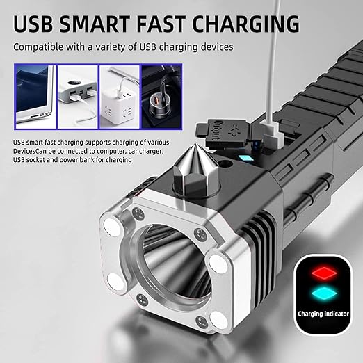 Portable Rechargeable LED Flashlight – Torch with Power Bank & Safety Tools
