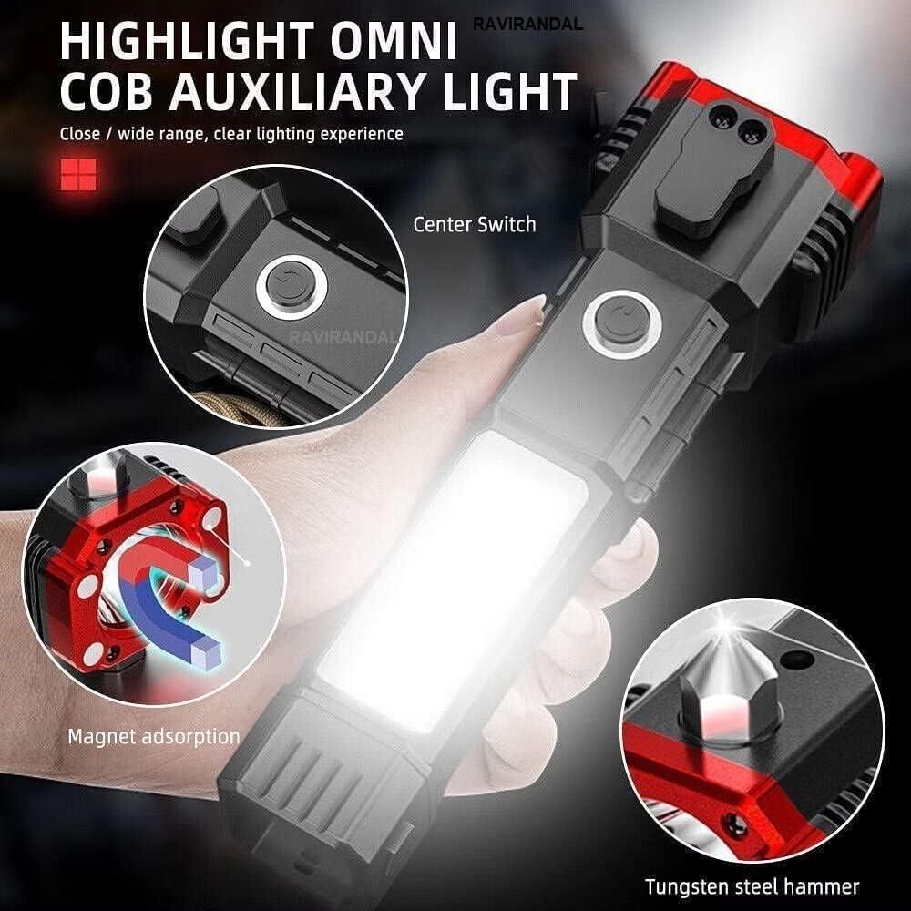 Portable Rechargeable LED Flashlight – Torch with Power Bank & Safety Tools