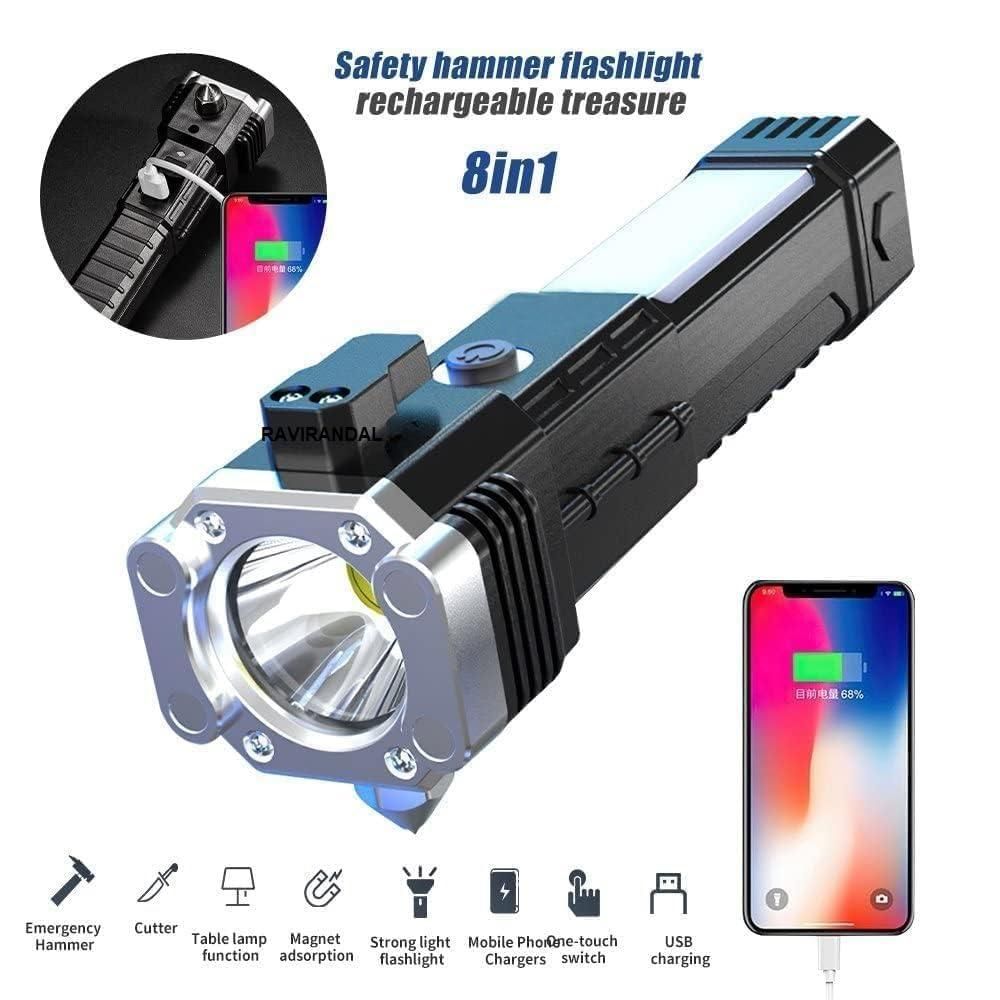 Portable Rechargeable LED Flashlight – Torch with Power Bank & Safety Tools