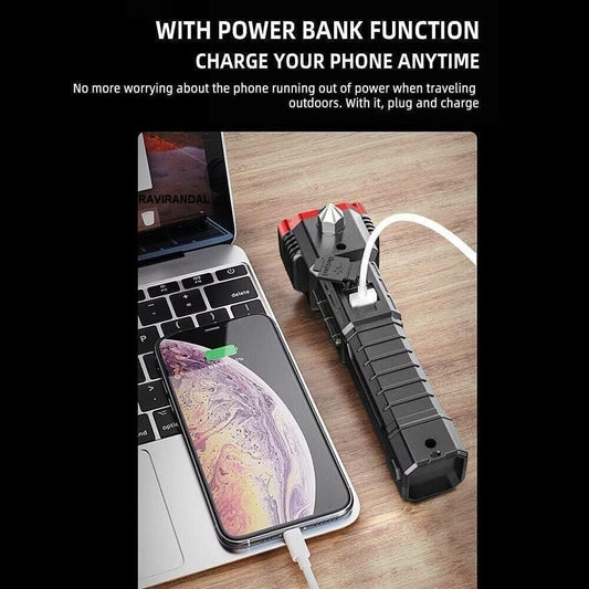 Portable Rechargeable LED Flashlight – Torch with Power Bank & Safety Tools